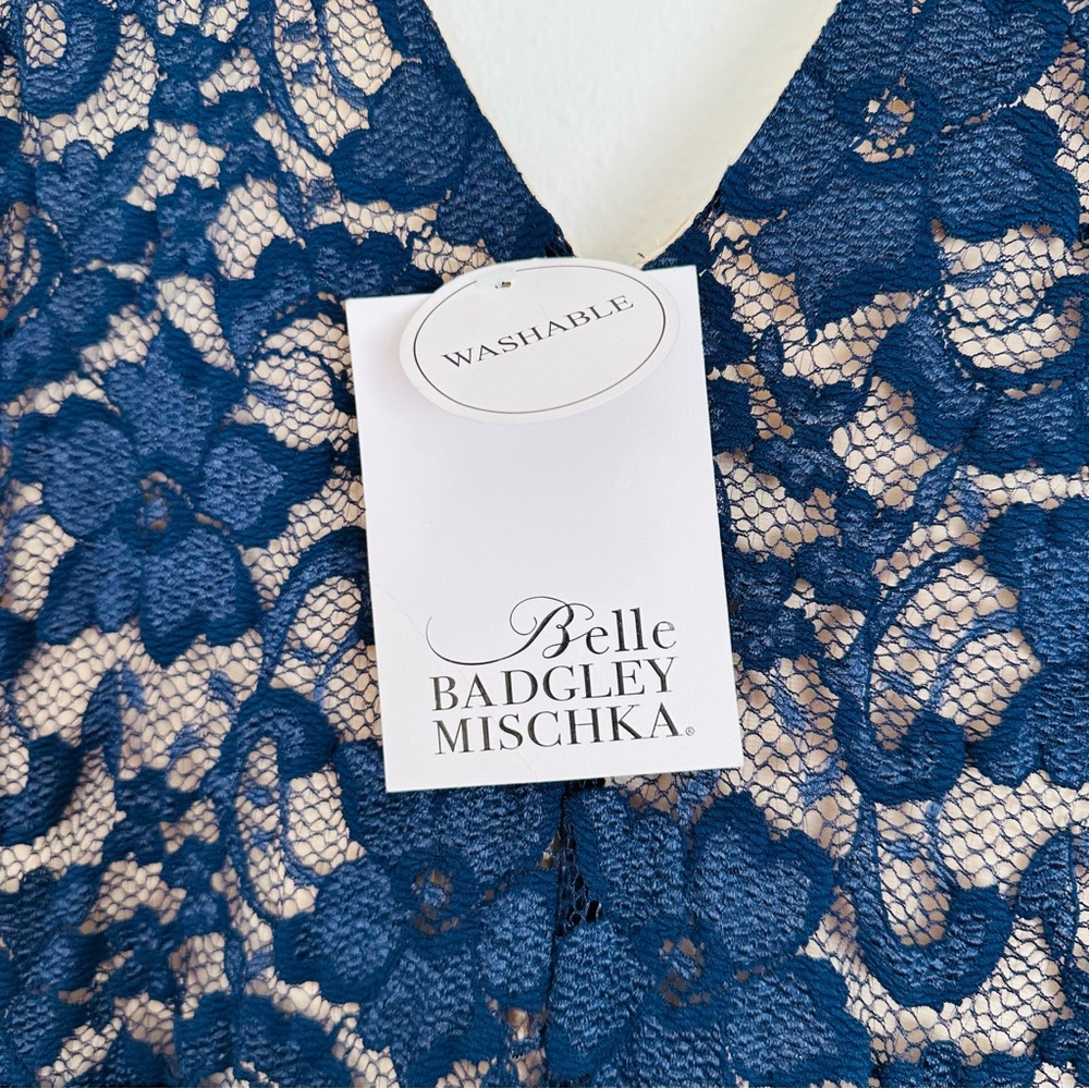 New Belle Badgley Mischka Dress navy Blue Lace Overlay Maxi Evening - Picture 9 of 10